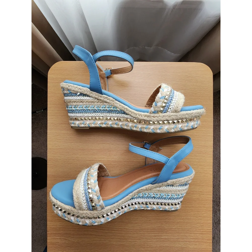 Patrizia Tisch Woven Wedge Light Blue Embellished Espadrille Sandals US 9.5 EU41